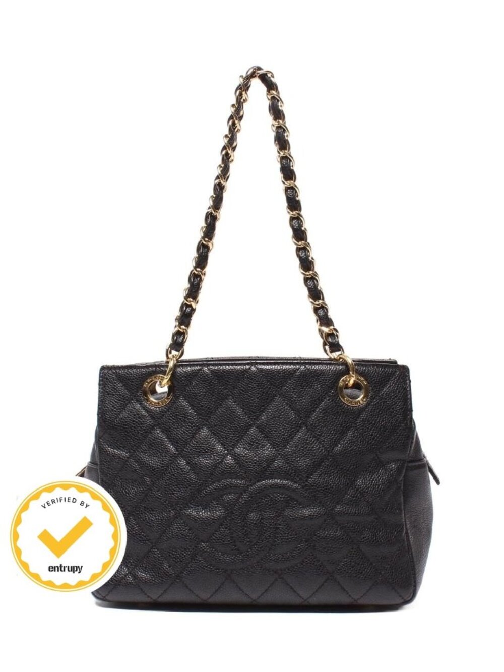 Chanel Chain Shoulder Bag Gold Quilted Caviar Leather Petit Timeless